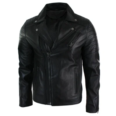 Men Slim Fit Cross Zip Retro Vintage Brando Real Leather Jacket Vintage Biker