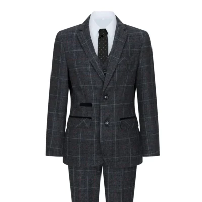 Boys Grey Black 3 Piece Tweed Suit Herringbone Wine Vintage Retro