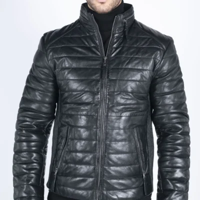 Men Real Leather Genuine Quilted Puffer Zipped Jacket Brown Black Casual