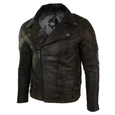Men Slim Fit Cross Zip Retro Vintage Brown Biker Punk Rock Real Leather Jacket