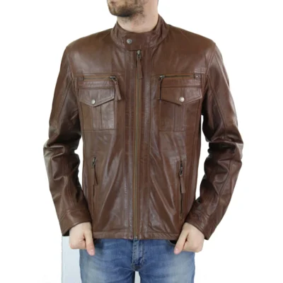 Men Genuine Leather Biker Jacket Zipped Nehru Grandad Collar Regular Fit