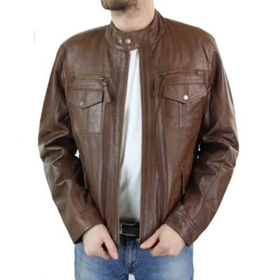 Men Genuine Leather Biker Jacket Zipped Nehru Grandad Collar Regular Fit