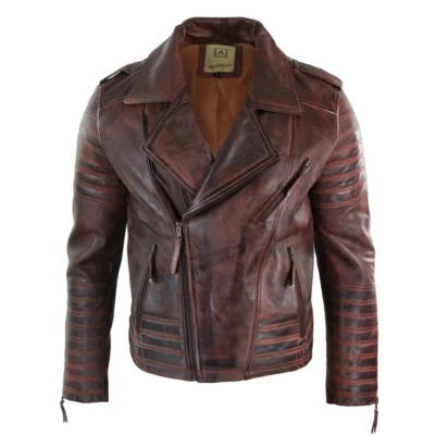 Men Cross Zip Vintage Retro Biker Jacket Black Real Leather Urban Slim Fit