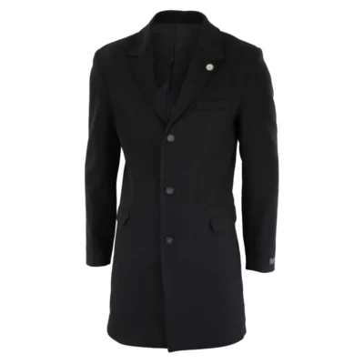 Men 3/4 Long Overcoat Jacket Wool Feel Coat Blinders Slim Fit