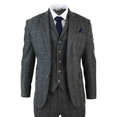 Men 3 Piece Classic Tweed Herringbone Check Grey Navy Slim Fit Vintage Suit
