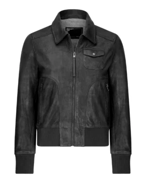 Women’s Leather Bomber Jacket Short Zipped Retro Brown Tan Black Blue Grey