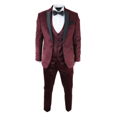 Men Marc Darcy Velvet Paisley Burgundy Fit 3 Piece Suit Tuxedo Dinner Jacket Wedding