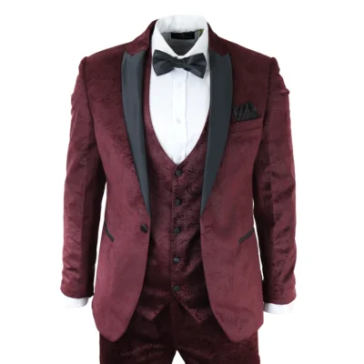 Men Marc Darcy Velvet Paisley Burgundy Fit 3 Piece Suit Tuxedo Dinner Jacket Wedding
