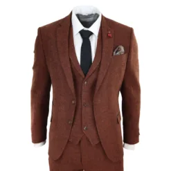 TruClothing 281-02 Mens Brown 3 Piece Tweed Herringbone Suit