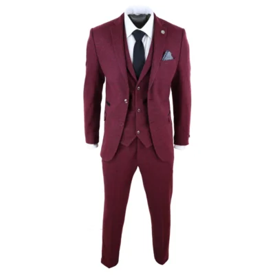 Men Wine Maroon Check Herringbone Tweed Vintage Tailored Fit 3 Piece Suit Smart
