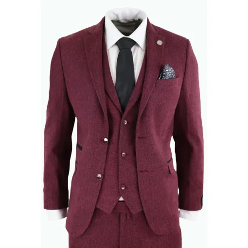 TruClothing STZ11 Men's Wool 3 Piece Tweed Burgundy Suit