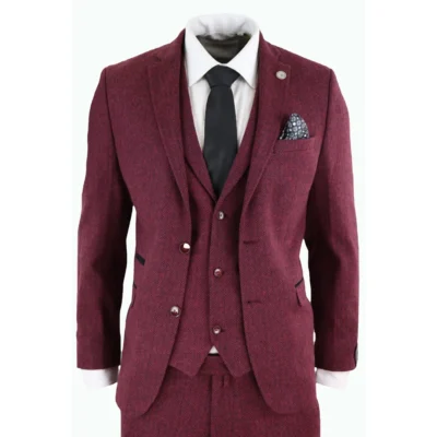 Men Wool 3 Piece Suit Tweed Burgundy Black Tailored Fit Peaky Blinders Classic