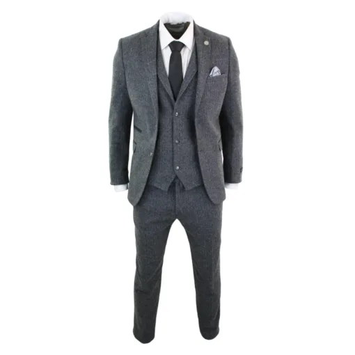 TruClothing stz11 Men's Grey 3 Piece Tweed Herringbone Suit