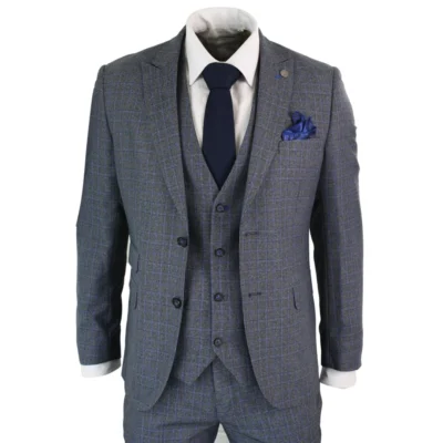 Men 3 Piece Tailored Fit Prince Of Wales Check Grey Blue Tweed Suit Vintage Retro