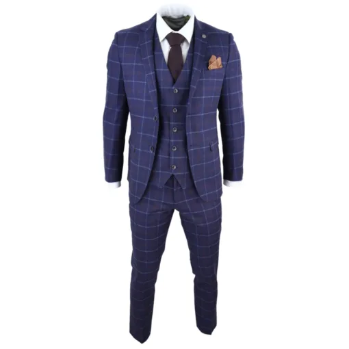 Paul Andrew Kenneth Men 3 Piece Blue Herringbone Tweed Suit