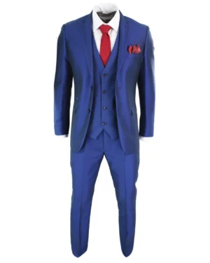 Men Boys 3 Piece Shiny Blue Wedding Prom Party Suit Tailored Fit Smart Formal