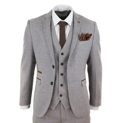 Men Cream Beige 3 Piece Suit Tweed Check Vintage Retro Peaky Blinders Tailored Fit 1920s