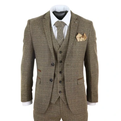 Men Boys Brown 3 Piece Suit Tweed Check Vintage Retro Tailored Fit 1920s