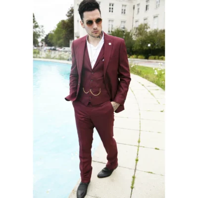 Men 3 Piece Suit Maroon Tailored Fit Smart Formal 1920s Classic Vintage Gatsby