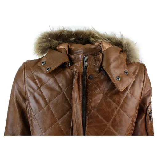 URBN Bella Women's Brown Hood Parka Leather Jacket Coat