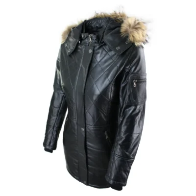 Women’s Tan Brown Hooded Parka Real Leather Jacket Winter Coat