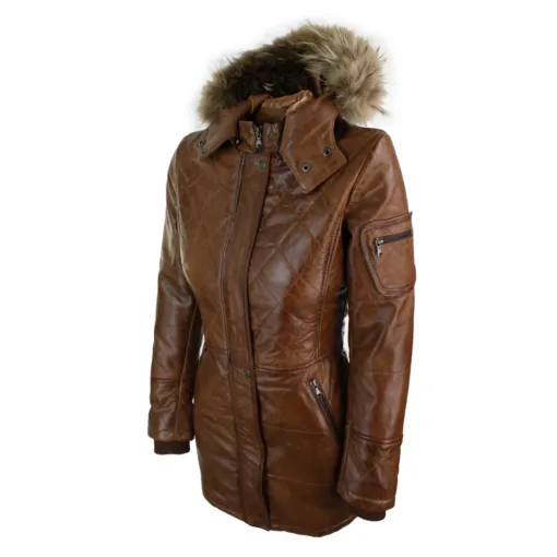 URBN Bella Women's Brown Hood Parka Leather Jacket Coat