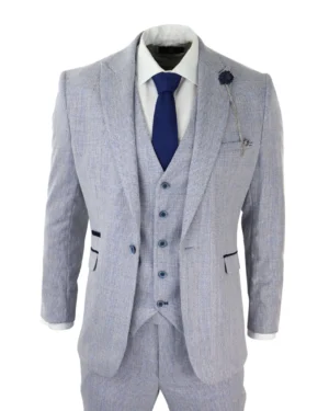 Men Boys 3 Piece Check Suit Tweed Light Blue Tailored Fit Wedding Peaky Classic