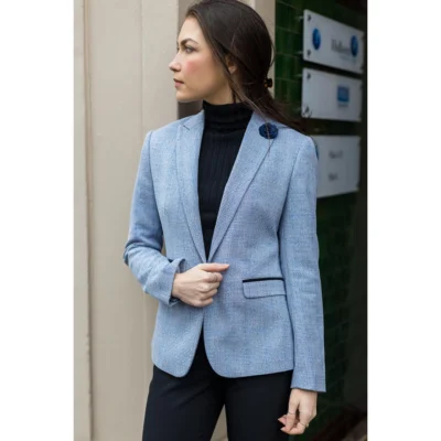 Women’s Check Blue Blazer Wool Blend Herringbone Tweed Vintage