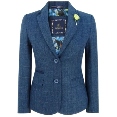 Women’s Navy Blue Blazer Tweed Check 1920’s  Tailored Fit Vintage