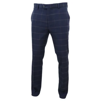 Men Tweed Check Herringbone Blue Navy Tailored Fit Trousers Regular Length
