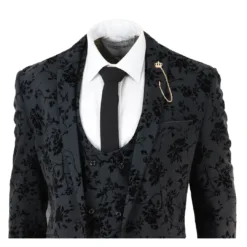 Cavani Georgi Men's Black 3 Piece Paisley Velvet Suit