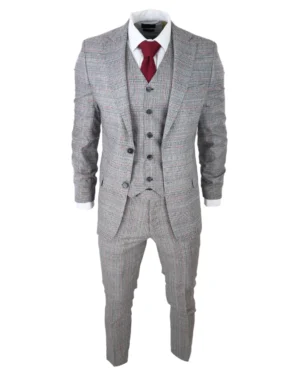 Men 3 Piece Grey Suit Black Red Check Tailored Fit Wedding Prom Races
