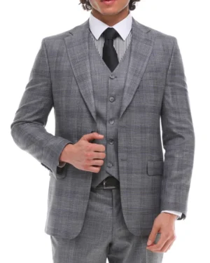 Men 3 Piece Suit Grey Blue Check Contrasting Waistcoat Trouser Wedding Prom