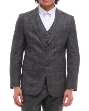 Men 3 Piece Suit Grey Brown Check Tailored Fit Wedding Prom Races