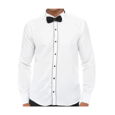 Men Wing Collar Shirt Tuxedo White Black Piping Double Cuff Dinner Classic