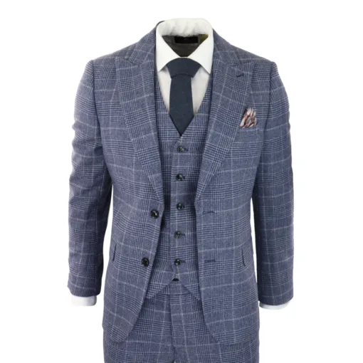 Harry Brown Men's Tweed Wool 3 Piece Blue Grey Suit
