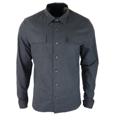 Men Smart Casual Over Shirt Grey Navy Relaxed Fit Classic Button Down Pockets