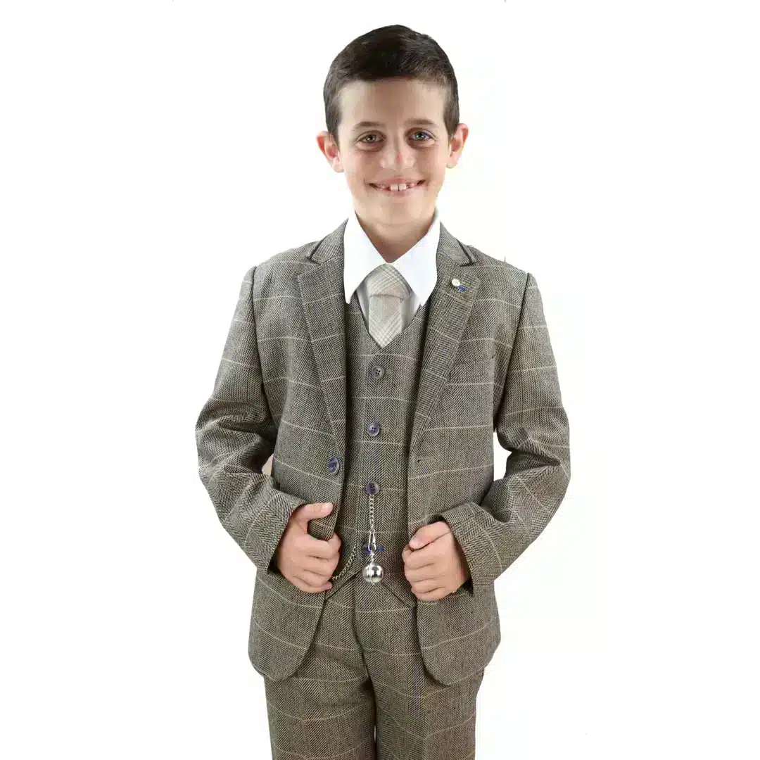 House of Cavani Albert Boys 3 Piece Brown Tweed Check Suit