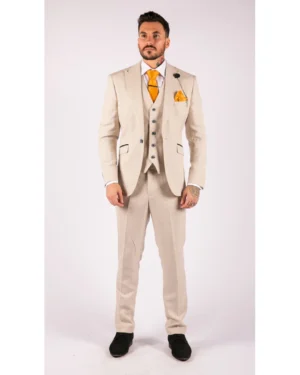 Men Boys 3 Piece Suit Tweed Cream Black Tailored Fit Wedding Classic