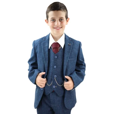 Boys 3 Piece Suit Blue Tweed Check  Vintage Kids Classic 1920s
