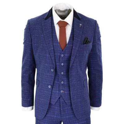 Men Blue Tweed Check 3 Piece Suit Vintage Retro Classic Tailored Fit 1920’s