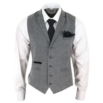 Men Waistcoat Wool Herringbone Tweed Dark Grey Formal Classic 1920s Tailored