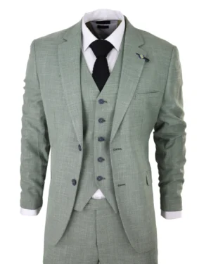 Men 3 Piece Suit Sage Green Summer Linen Tailored Fit Wedding Prom Classic