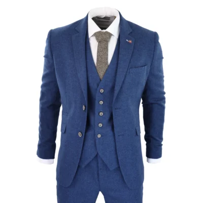 Men Boys 3 Piece Wool Suit Blue Tweed Vintage 1920s Classic 4 Pocket Waistcoat