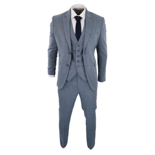 House of Cavani Wells Men's 3 Piece Wool Blue Tweed Suit