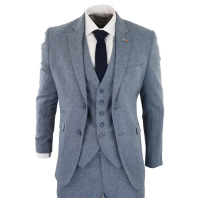 Men 3 Piece Wool Suit Light Blue Tweed Vintage 1920s Classic 4 Pocket Waistcoat