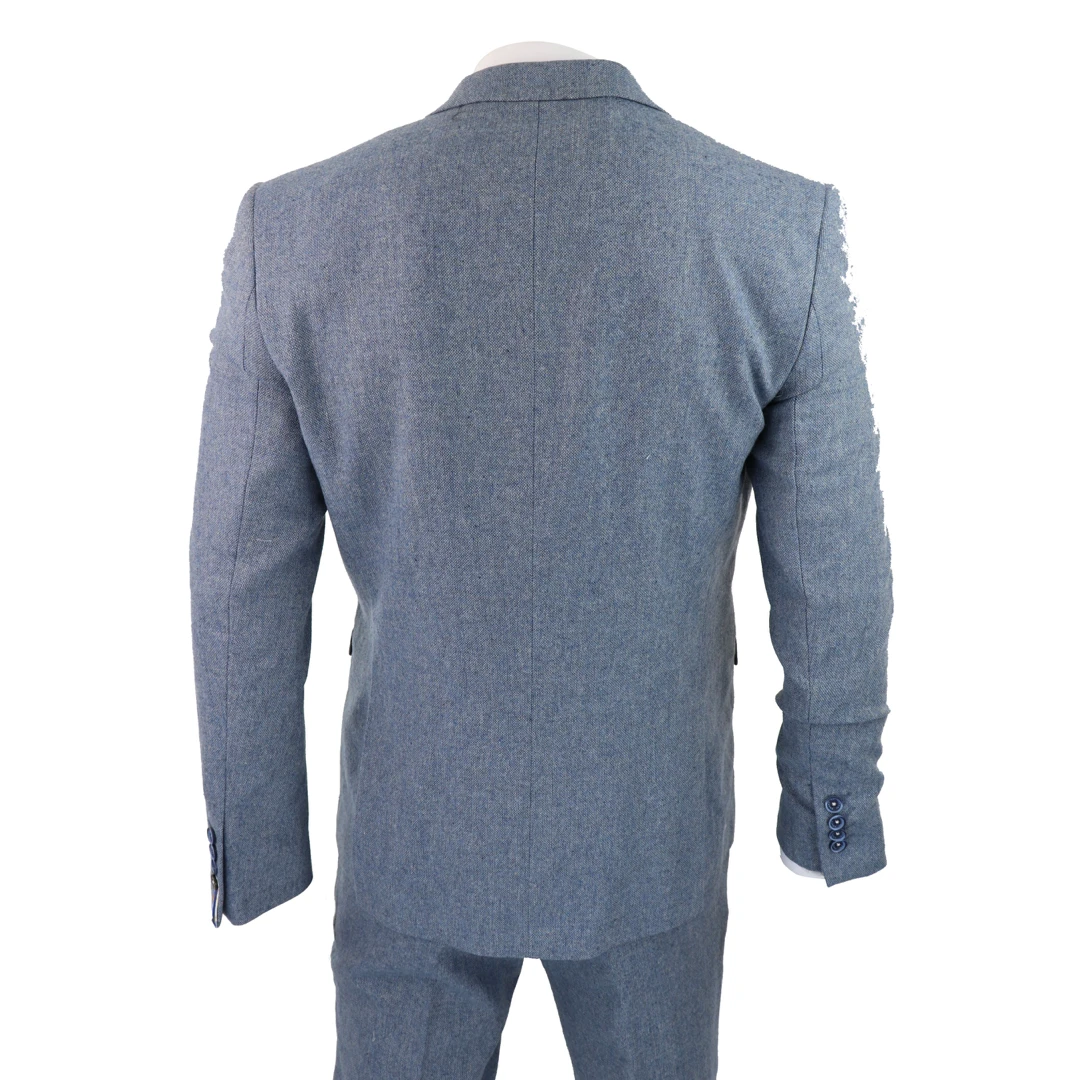 House of Cavani Wells Men's 3 Piece Wool Blue Tweed Suit