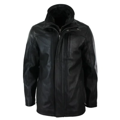 Men 3/4 Real Leather Safari Jacket Overcoat Removable Double Zip Black Brown