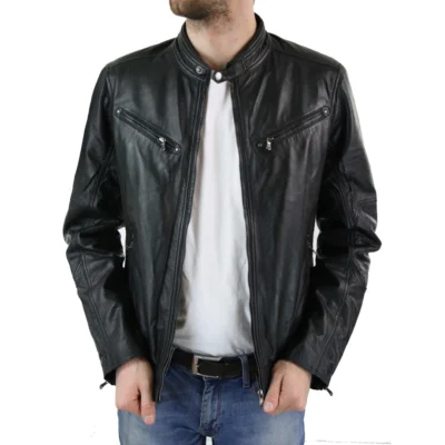 Men Zipped Leather Biker Jacket Smart Casual Black Tan Brown Tailored Fit Vintage