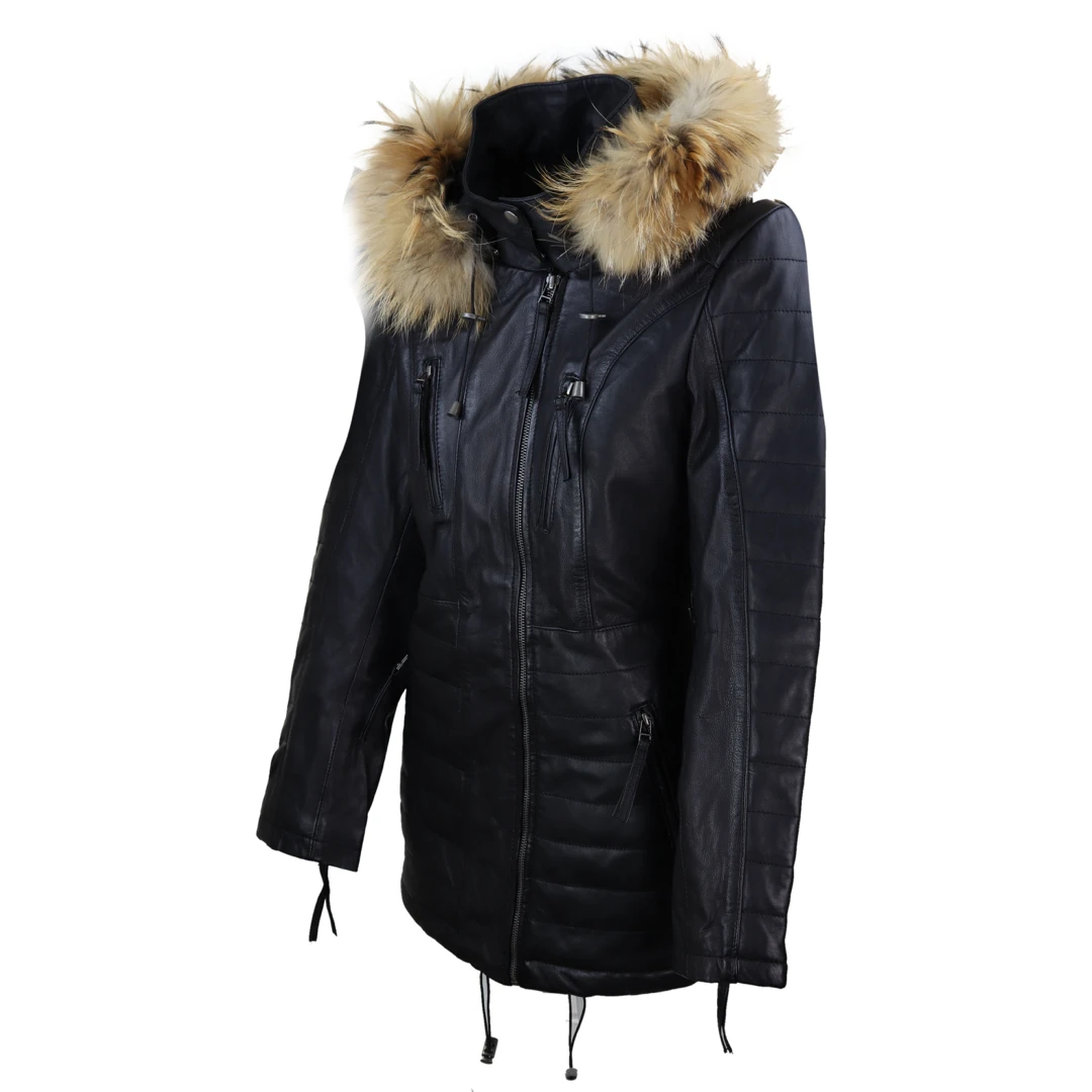 Infinity 5035 Women's Leather Jacket Fur Hood Brown Tan Grey